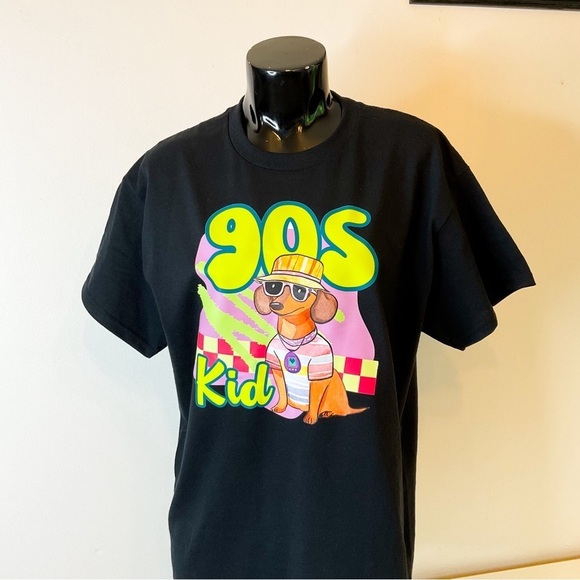 Hand Crafted Tops - HANDMADE Doxie "90s Kid'" Black Cotton Tee